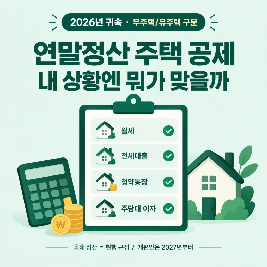 월세 세액공제, 전세대출 원리금 소득공제, 청약통장 소득공제, 주택담보대출 이자 공제까지. 2026년 귀속 연말정산에서 내 상황별로 받을 수 있는 주택 공제와 환급액을 직접 계산했습니다. 2027년부터 바뀌는 점도 구분했습니다.