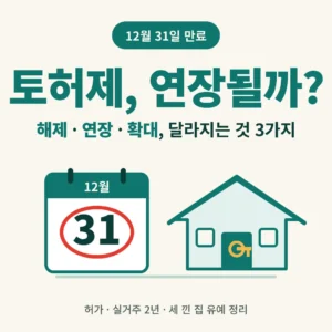 서울 전역과 경기 12곳의 토지거래허가구역이 2026년 12월 31일 만료됩니다. 해제·연장·확대 시나리오별 변화, 허가 절차와 실거주 2년 의무, 세입자 낀 집 유예 조건까지 정리했습니다.