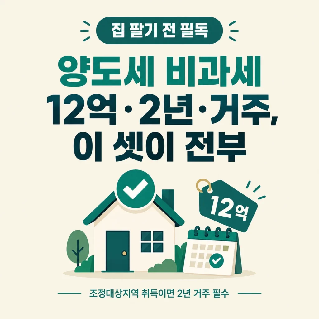 집을 팔 때 양도세가 비과세되는 조건을 정리했습니다. 2년 보유, 조정대상지역 취득 시 2년 거주, 12억 원 초과분 계산 방법, 일시적 2주택 3년 처분기한, 양도가 15억·20억·25억 사례별 세금을 직접 계산했습니다.