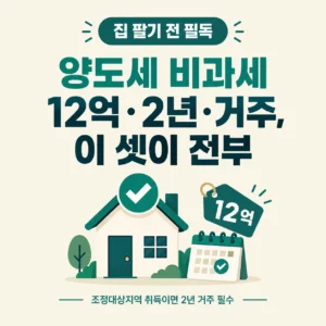집을 팔 때 양도세가 비과세되는 조건을 정리했습니다. 2년 보유, 조정대상지역 취득 시 2년 거주, 12억 원 초과분 계산 방법, 일시적 2주택 3년 처분기한, 양도가 15억·20억·25억 사례별 세금을 직접 계산했습니다.
